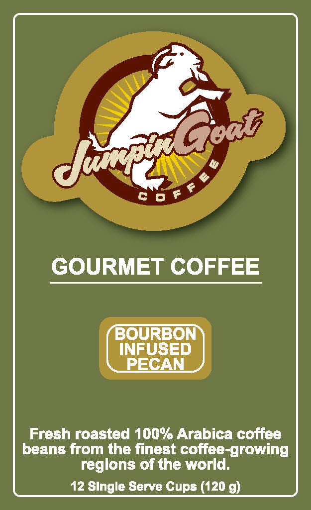 Bag of JumpinGoat Bourbon Infused Pecan coffee