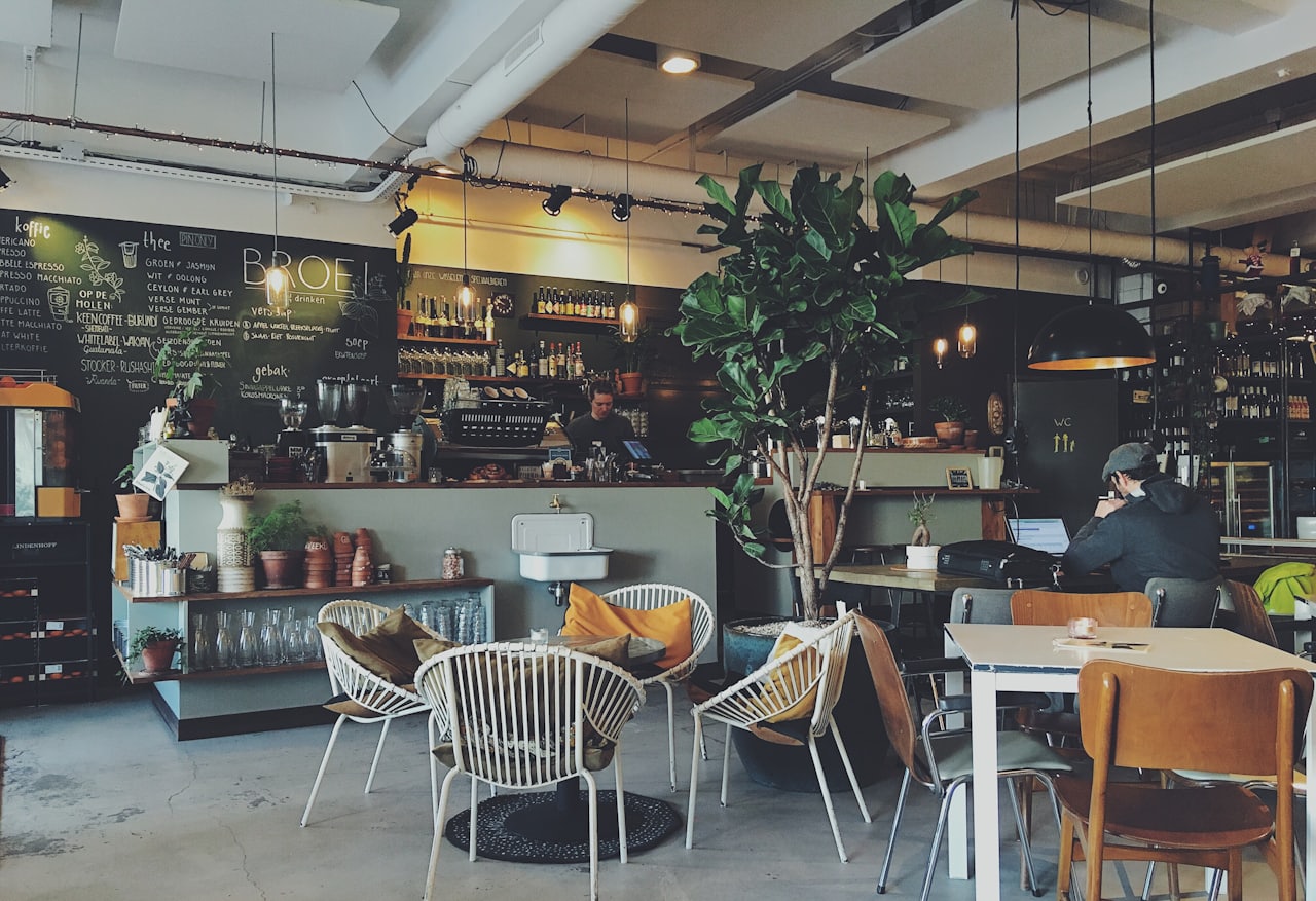 Cozy cafe seating by the windows